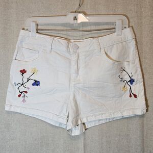 Lauren Conrad White Denim Shorts Colorful Floral Embroidery Raw Hem Boho Size 8